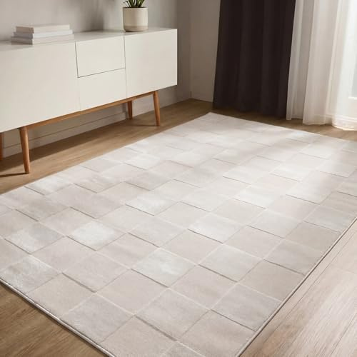 benuta Basic Teppich Claire - Creme 140x200 cm - Minimalistischer Wohnzimmerteppich im Geometrischen Retro-Stil - Pflegeleicht - Fußbodenheizung Geeignet