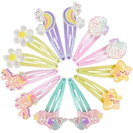 12 Stück Haarspangen Mädchen, Meerjungfrau Schmetterling Haarschmuck, Haarreifen Mädchen Glitzer, Niedliche Haarspangen für Mädchen Geburtstag, Regenbogen Blumen Haar Accessoire für Kinder