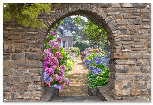 MuchoWow© Gartenposter Groß 120x80 cm XXL Outdoor Bilder Gartendeko für draußen Wetterfest Garten Sichtschutz Zaun Deko Banner Draußen Bild Blumen - Fensterblick - Hortensie - Sommer
