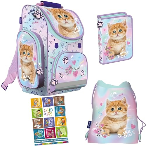 Goldkids - Schulranzen für Jungen und Mädchen, 4er-Set - Schul-Rucksack für Kinder mit Federmäppchen - Schuhbeutel und Hausaufgabenheft - Katze Motiv - 1-3 Klasse