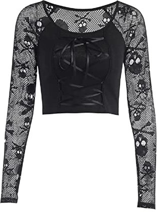 XKBHYD Women Goth Crop Tops Long Sleeve Long Sleeve Skull Mesh T-Shirt Crewneck Grunge Punk Alt Shirt Gothic Emo Tops Black