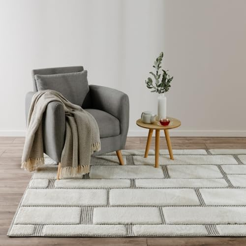 benuta Basic Teppich Elvy - Creme 160x230 cm - Abstrakter weicher Relief Wohnzimmerteppich - Leicht zu Reinigen - Strapazierfähig - Für Fußbodenheizung Geeignet