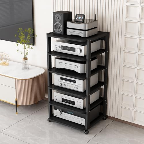 Multimedia-Ständer Stereo-Rack mit 3/4/5/6/7 Ebenen, Audio-Tower, CD-Media-Player-Ständer, Audio-/Video-Komponentenschrank, Eck-TV-Ständer, bewegliches Lagerregal mit Rollen für Zuhause/Büro/Kino, s