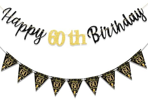 TOPWAYS Deko 60 Geburtstag Banner Frauen Mann, Schwarz Gold Geburtstagsdeko 60. Geburtstag Girlande Happy 60 Birthday Banner Wimpelkette für 60Geburtstag Frauen Männer Deko (Geburtstag60)