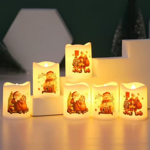 6PCS Christmas Flameless Votive Candles with Santa,LED Candle Lights Realistic Bright Flickering Tea Light,Battery Operated Flameless LED Candles,Flickering Tealight Candles in Warm White & Wave Open
