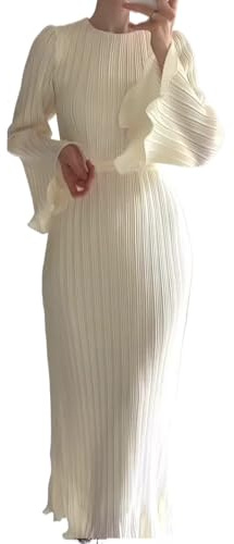 Missionary Frauen Kleidung 2024 Herbst Neue Lange Rock Temperament Plissee Trompete Hülse Mid Länge Kleid(Beige,XXL)
