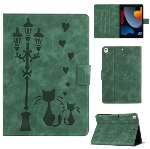 Rosbtib Coque pour iPad 10.2 Pouces (Modèle 2021/2020/2019, 9./8./7. Génération) Housse en Similicuir avec Support, Un Couple de Chats Amoureux sous Le lampadaire Imprime, pour iPad 10.2, Vert