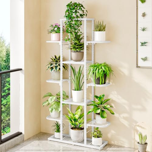 Zstar Soporte para flores de 7 niveles, de metal, para interior y exterior, varios niveles, escalera, esquina, para jardín, balcón, decoración, color blanco