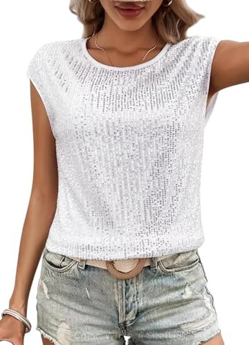 Naimo Damen Glitzer Pailletten Top Kurzarm Rundhals T-Shirt Elegant Sparkle Bluse Party Cocktail Oberteile