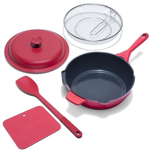 Granitestone ZUKA 10 in 1 Ceramic Pan, Large 10 Inch Saute Pan with Lid Serves as Deep Frying Set with Steamer, Everyday Skillet, Non Toxic Ceramic Nonstick, Induction Oven & Dishwasher Safe