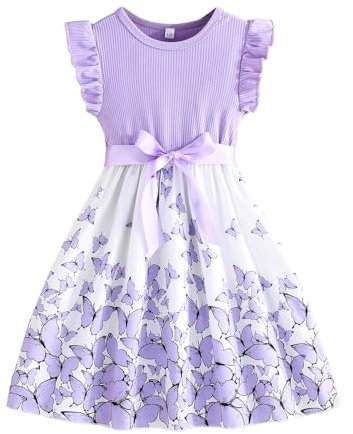 Abito da bambina con fiocco, con maniche a volant, linea A, abito da ragazza, estivo, Pasqua, con scollo rotondo, borsa corta, Lilla, 6-7 Anni