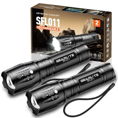 GEARLITE LED Torch Rechargeable 2Packs, 2000LM Zoomable Rechargeable Torch with 3 Modes, Long-Lasting IP65 Waterproof Torches Led Super Bright for Camping, Hiking, Emergencies - Gifts for Men Dad Kids