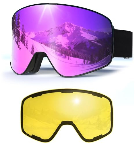 Skibrille Magnetisch OTG,Skibrille mit Wechselglas für Unisex UV-Schutz Anti-Nebel Vollständig Plattiertes REVO Verstellbarer Rutschfester Riemen,Snowboard Brille für Skifahren (07-REVO Lila/Schwarz)