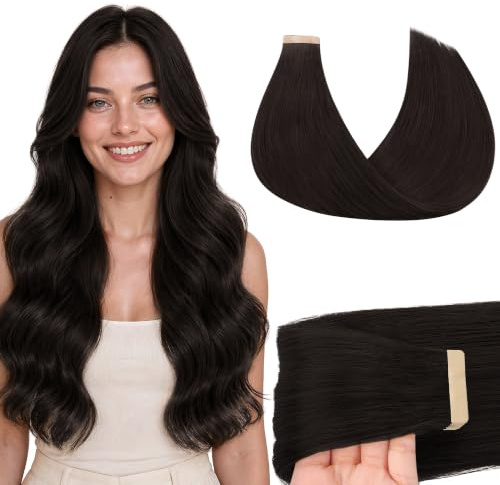 GOO GOO Tape Extensions Echthaar, 40cm 50g 20 Stk., #2 Dunkel Braun | Remy Echthaar, Seidig Weich, Verfilzungsfrei, Unsichtbare, Starker Halt, Langlebig, Natürlicher Look, für Alltag, Büro