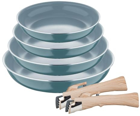 Set de 4 Sartenes Ø22Ø24Ø26Ø28cm en Aluminio prensado Verde + 2 Mangos extraíbles Click&Cook Bergner