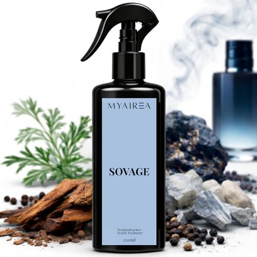 MYAIREA Textilerfrischer Spray Sovage 250 ml - Geruchsneutralisierer inspiriert von edlem Parfumduft - Für Kleidung, Sofa, Vorhänge & Auto - Hochwertiges Duftspray gegen Gerüche