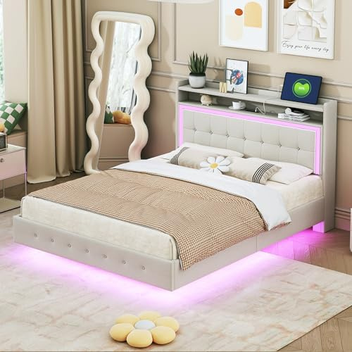 HaoChrymec Lit 140 x 200 cm en Tissu Lin, Lit Double avec Prise USB et Éclairage LED, Design à Pieds Cachés, Idéal pour Chambre, Beige