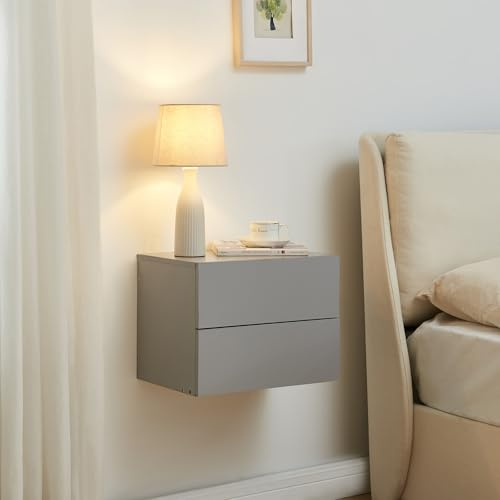[en.casa] Nachtschrank Ampfing Nachttisch hängend Hellgrau Nachtkästchen mit 2 Schubladen Wandkonsole Hängeschrank Schweberegal 40 x 29 x 30 cm