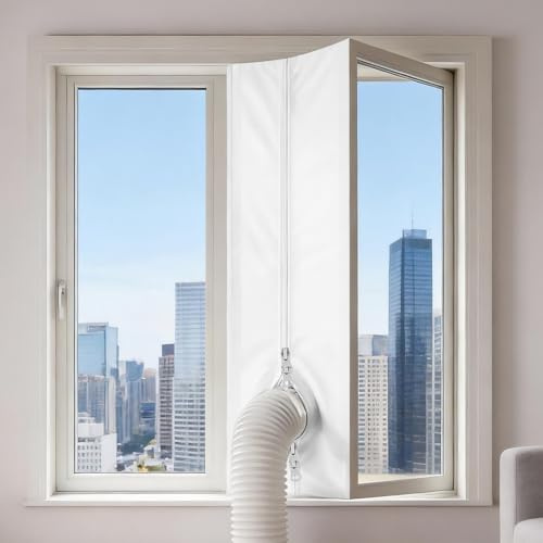Sellador de ventanas de aire acondicionado, 500 cm/197 pulgadas, doble cremallera Hot Air Stop, para climatizadores móviles, secadoras de ropa, secadoras de aire de escape, para ventanas de batiente y
