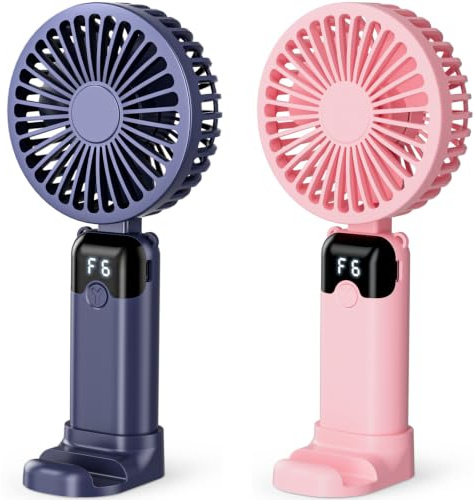 GCCATE Handheld Fan 2PCS, USB Rechargeable Portable Mini Hand Held Fan with 6 Speeds 4000mAh Battery Operated, Small Desk Fans with LED Display for Home Office Travel Outdoor Use (Blue+Pink)