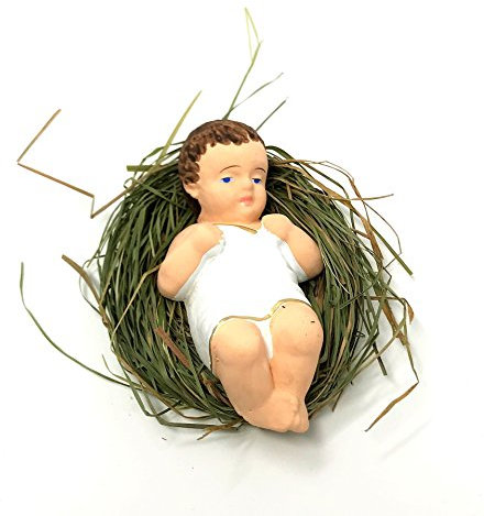 Jesuskind in Holzkrippe auf natürlichem Heu, 10,2 cm Small - 4 inch Hay