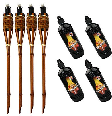 Moritz 4X Bambusfackeln Fackel Deluxe 90 cm Dunkelbraun + 4X 1000ml Lampenöl Gartenfackel Ölfackeln Garten Deko Öllampe Wegleuchte