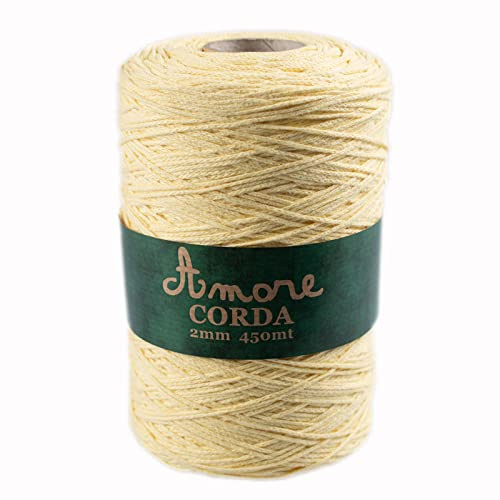 Corda 2mm Cotone (Giallino), Filo per Macramè, Cordino per Borse a Uncinetto e Fai da te, Filato per Uncinetto e Ferri Made in Italy, BORGO DE’ PAZZI FIRENZE