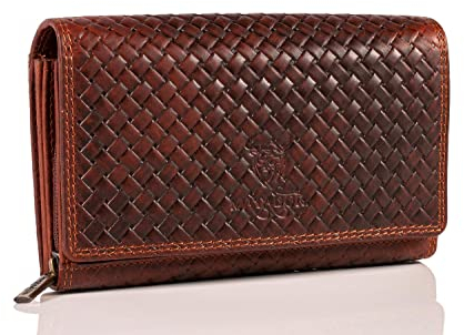 MATADOR Leder Geldbeutel Damen Groß #PRAG mit edler Geschenk Verpackung, Luxus RFID Geldbörse Damen Gross, Geldtasche Frauen Viele Fächer, Edles Damen Portemonnaie Leder Lang, Geflochten Braun