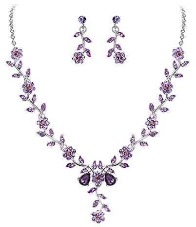 Clearine Juegos de Joyas Conjunto de Joyería de Boda Collar con Colgante de Cristal de Flor de Racimo de Hojas, de Aretes Colgantes,Color Violeta Plata-Tone