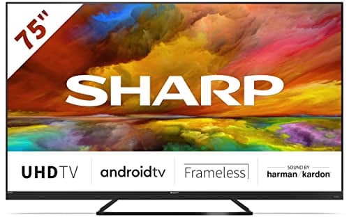 SHARP 75EQ3EA Android TV 189 cm (75 Zoll) 4K Ultra HD Android TV (Smart TV ohne Rahmen, Dolby Atmos, Quantum Dot, Harman Kardon) [Modelljahr 2022] [Energieklasse G]