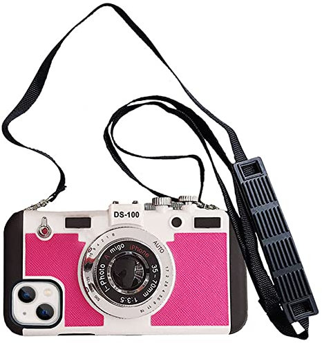 Yatchen Emily in Paris Case for iPhone 13 Pro, Unique Cool 3D Camera Design [Long Lanyard] PC Back Cover + Soft Silicone Bumper Shockproof Protective Case (iPhone 13 Pro, Rose Red)