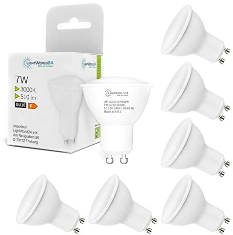 LIGHTWORLD24 GU10 LED warmweiß 3000K, 7 Watt 510 Lumen LED Lampenersatz für 40W Halogenlampen, 120° Abstrahlwinkel, 220-240V AC 6 Stück