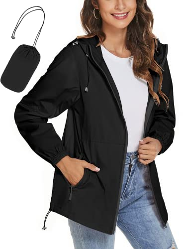 iWoo Veste de Pluie Femme Veste Coupe-Vent Imperméable pour Femme avec Capuche Léger Manteau Long avec Fermeture Éclair pour Camping Voyage Randonnée, Noir M