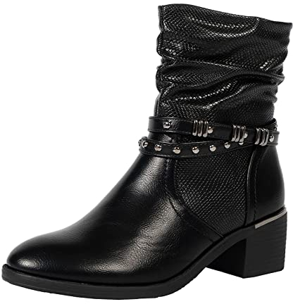 MaNMaNing Stivaletti da donna Stivaletti in pelle con tacco grosso a punta retrò Scarpe da donna Scarpe Donna (Black, 39)