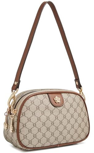 LAORENTOU Kleine Umhängetasche aus veganem Leder für Damen, PVC, kariert, Geldbörse, Schultertasche, Handytasche, 03 Hellbraun