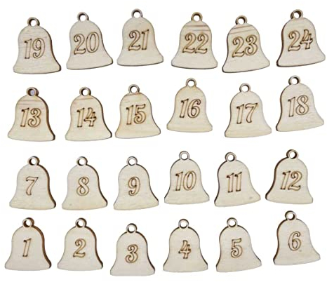 24 Adventskalender Zahlen aus natürlichem Birkensperrholz - Weihnachtskalender Anhänger Nummern zum Basteln (Glocken)