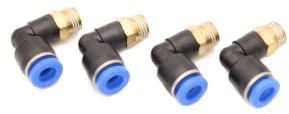Raccordo a innesto ad angolo pneumatico 90° 1/8 su 6 mm, 4 connettori push in aria compressa (R 1/8 – 6 mm)