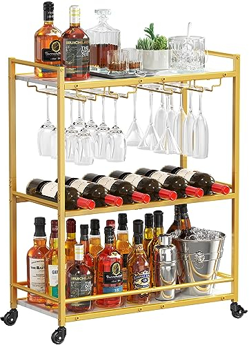 Lifewit Carrito Auxiliar 3 Niveles con Ruedas bloqueables, Soporte para Botellas y portavasos, Carro Auxiliar Cocina, Ideal para Cocina, Comedor o Sala de Estar, 63,2 x 30 x 81,5 cm, Oro