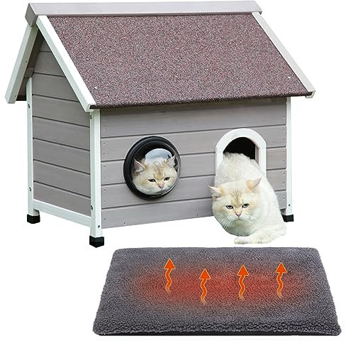 Rockever Feral Niche d'extérieur pour chat résistante aux intempéries avec porte d'évacuation et fenêtres transparentes pour 2 chats (avec tapis auto-chauffant