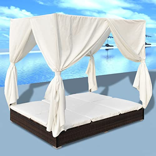BaraSh Outdoor-Loungebett mit Vorhang Rattan Liege Outdoor Garten Lounge Tagesbett Outdoor Sonnenliege Rattan Outdoorbett Rattan Braun