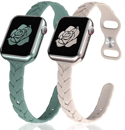 JR.DM 2 Stück Silikon Armband Kompatibel mit Apple Watch Armband 40mm 41mm 44mm 45mm 46mm 38mm 42mm Damen, Romantisches Weinranken Design Uhrenarmband für iWatch Serie Ultra 10 9 8 7 SE 6 5 4 3 2 1