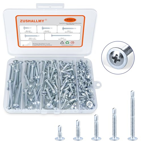ZUSHALLMY 140 Pcs #8 Self Tapping Screws for Metal, Sheet Metal Screws Assortment Kit, Modified Truss Head Zinc-Plated Steel Screws, Includes 5 Size (1/2in, 3/4in, 1-1/4in, 1in, 2in)