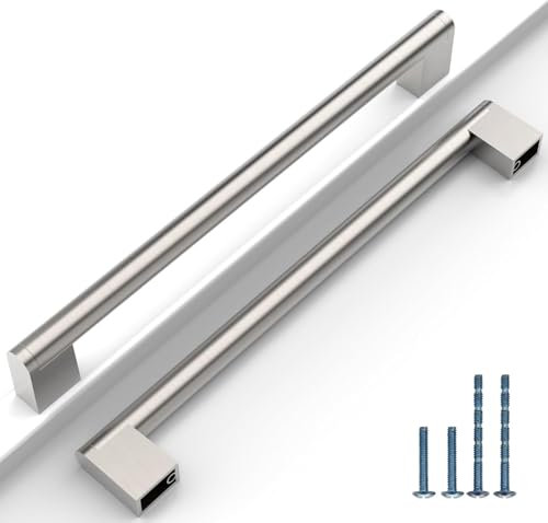 9BUILD Tiradores de armario de níquel cepillado, distancia entre orificios de 256 mm, tiradores para armarios de cocina, acero inoxidable, tiradores de cocina, tiradores de muebles EU0030