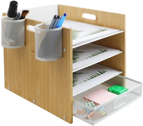 IOUGDSEC Briefablage aus Bambus und Metall mit Griff, A4-Netzeinsatz in Tablett, Schreibtisch-Organizer mit Schublade + 2 Stiftehalter, 4-stöckiger Papiersortierer, Dokumentenhalter,