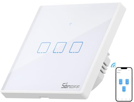 SONOFF T2EU3C Interruptor Mural para Control de Luces Inalámbrico por RF Wi-Fi Inteligente, Interruptor de Tipo 86 de 3 Canales para Automatización Domótica, Compatible con Alexa, Google Home