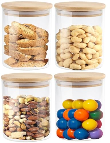 Keyoung 4 tarros de cristal con tapa de madera, 450 ml, para espagetti, granos, especias, café, azúcar