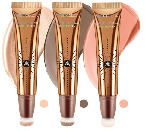 Anglicolor 3 Stück Bronzer Blush Highlighter Flüssige,Liquid Highlighter Rouge Stick, Contouring Blush Stick Mit Applicator Befestigt,Conturingstick Bronzer Lange Anhaltende Make Up(01+04+05, 36ml)