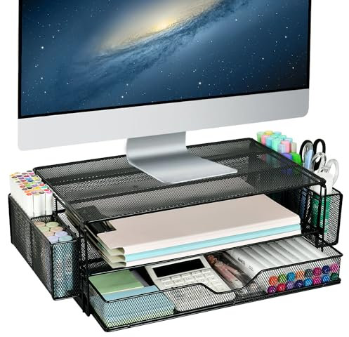 AUPSEN Computer-Monitorständer mit 2 Etagen mit Schublade und 2 Stifthaltern, Metall-Monitorständer, Monitorerhöhung, Computertisch-Organizer und Zubehör für Laptop, Computer, Drucker, Bürobedarf