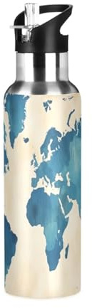 Waassud Borraccia termica con mappa del mondo, in acciaio inox, con cannuccia, per sport, bicicletta, 32 once