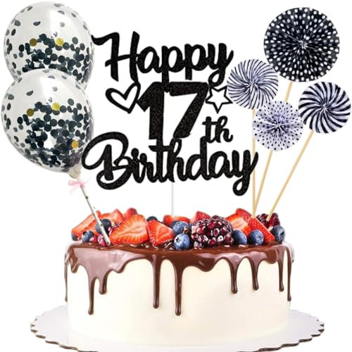 Anlgdi Tortendeko 17. Geburtstag Mädchen Junge, Kuchen Topper Happy 17th Birthday Schwarz, Glitzer Cake Topper 17. Geburtstag Ballon Konfetti Papierfächer für Geburtstagstorte Deko 17 Jahre Kinder